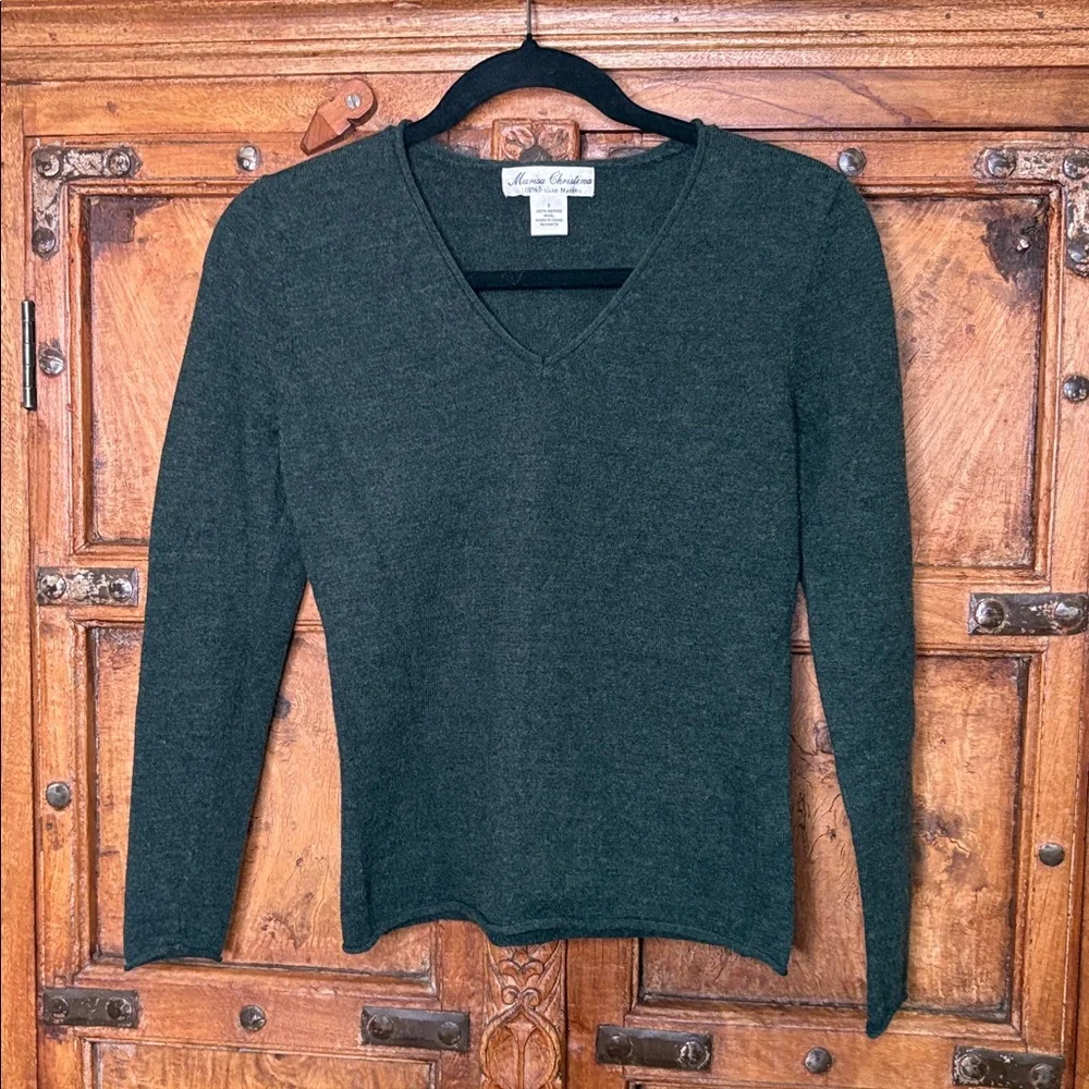Marisa Christina Deep Green V-Neck 100% Italian Merino wool Sweater sz Small